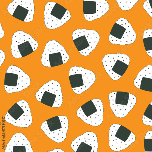 Onigiri seamless pattern japanese food vector. Triangle rice balls with sesame seeds wrapped with nori seaweed. Perfect for Japanese food branding, packaging, wallpaper, stationery