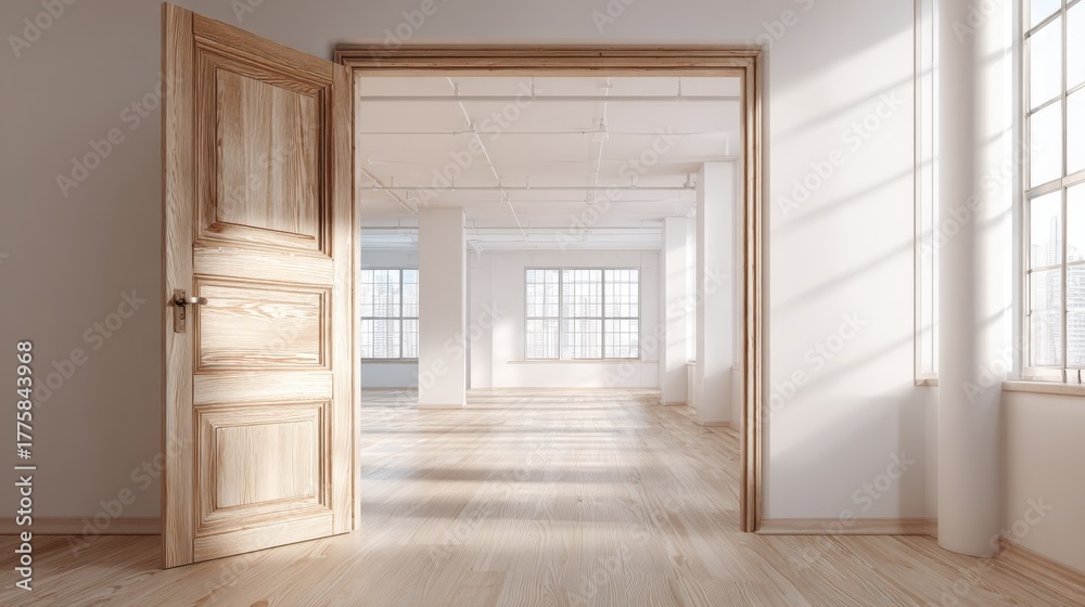 Fototapeta premium Open Doorway to Bright, Airy Modern Office Space with Natural Light and Hardwood Flooring