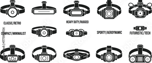Headlamp flashlight vector set, modern and retro design collection, outdoor gear illustration, camping and hiking equipment, LED light icons, night tools