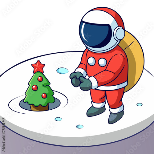 Festive astronaut celebrating Christmas in space, bringing holiday cheer with a decorated tree for a unique and imaginative holiday season, joyous spacewalk