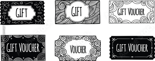 Hand drawn gift voucher design, decorative coupon template, black and white doodle style, ornate frame illustration, elegant vector pattern art