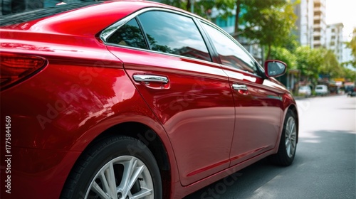 Elegant Red Sedan on City Street: Modern Transportation and Urban Lifestyle Imagery