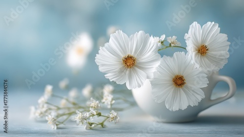 Elegant White Cosmos Flowers in a Cup Against a Soft Blue Background, Springtime Floral Arrangement