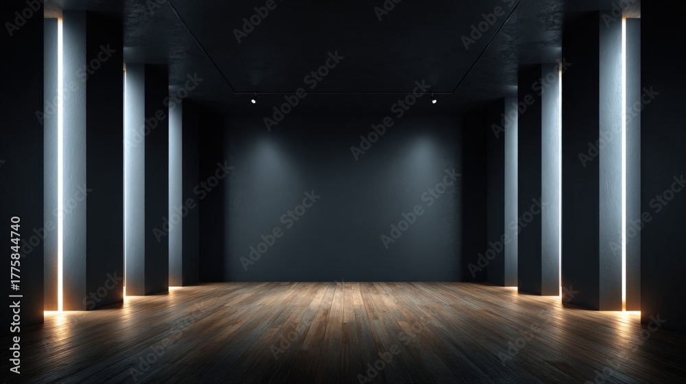 Fototapeta premium Modern Empty Dark Room Interior with Columns, Spotlights, and Wooden Floor for Product Display