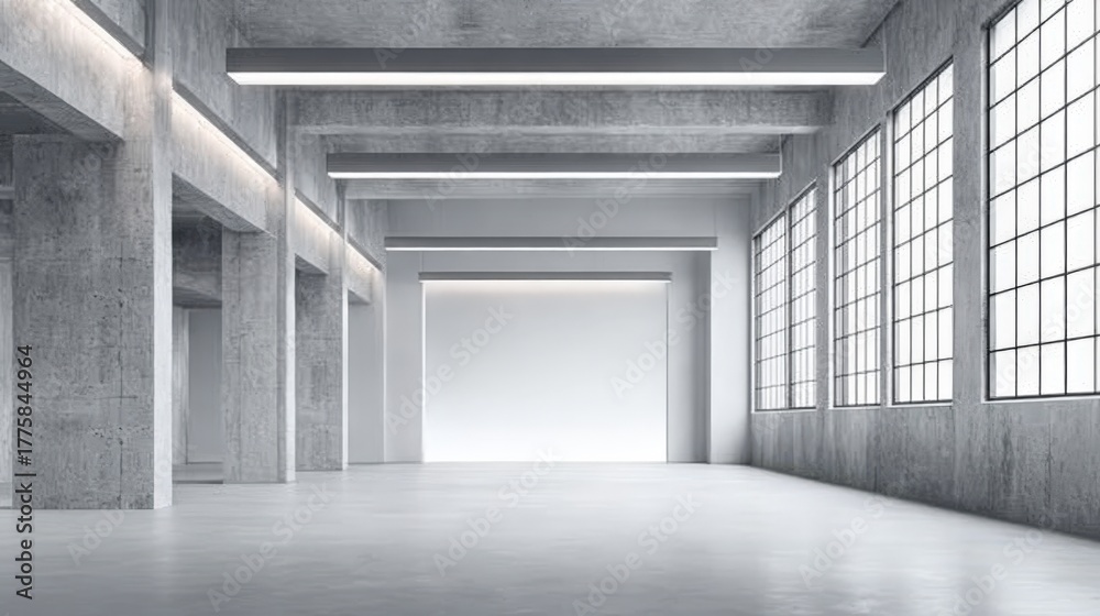 Obraz premium Minimalist Concrete Industrial Interior with Large Windows and Bright Lighting, Ideal for Showroom or Workspace