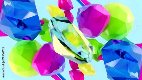 Vivid, low-poly 3D artwork. Abstract composition of colorful, gem-like shapes against a light blue backdrop, creating a vibrant visual. Shapes include varied tones