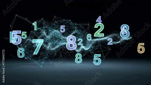 Animated numbers floating on a dark background with interconnected lines and glowing light effects