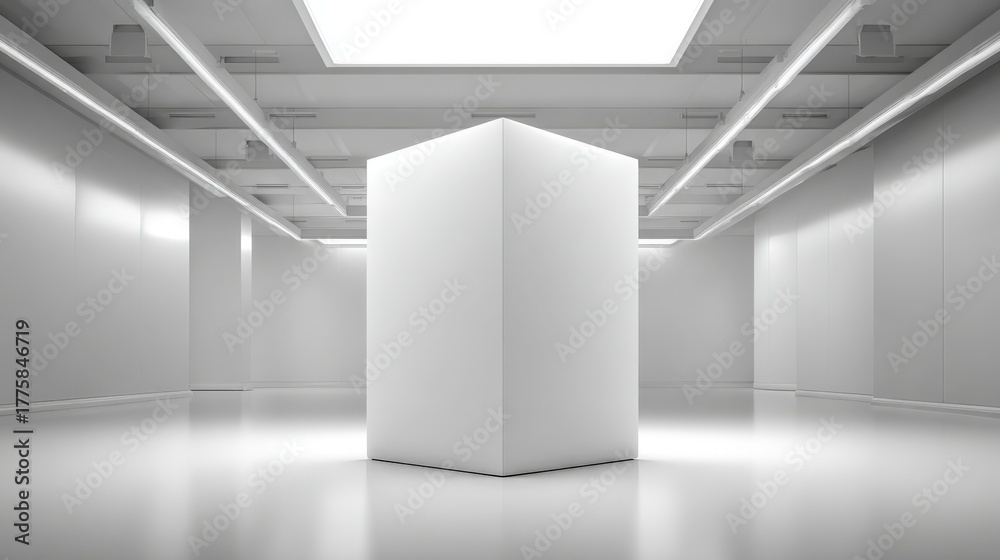 Fototapeta premium Minimalist White Cube Display in a Modern Gallery Setting, Ideal for Art Exhibits and Presentations