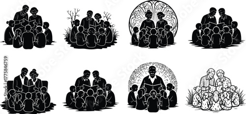 Grandparents reading to children illustration, family education, storytelling time, generational bonding, learning together, love, tradition, teaching values, outdoor family moment