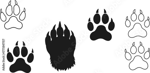 Animal paw print illustration, black and white paw tracks, bear footprint vector, wildlife trail symbol, pet logo design, animal footprint pattern