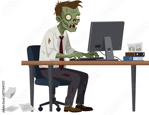 Funny zombie office worker sitting at desk using computer, tired undead employee illustration, humorous corporate stress concept, Halloween cartoon business vector art