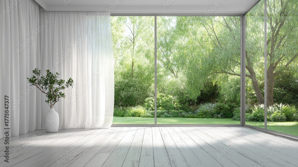 Fototapeta premium Bright Interior Space with Garden View, Featuring White Curtains and Minimalist Design for Product Mockups