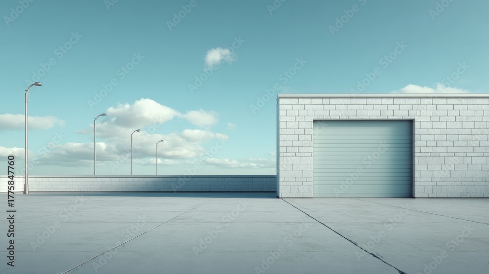 Obraz premium Minimalist architectural composition featuring a brick building, concrete ground, streetlights, and a serene blue sky backdrop
