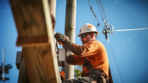 Worker performs installation on utility pole during bright afternoon