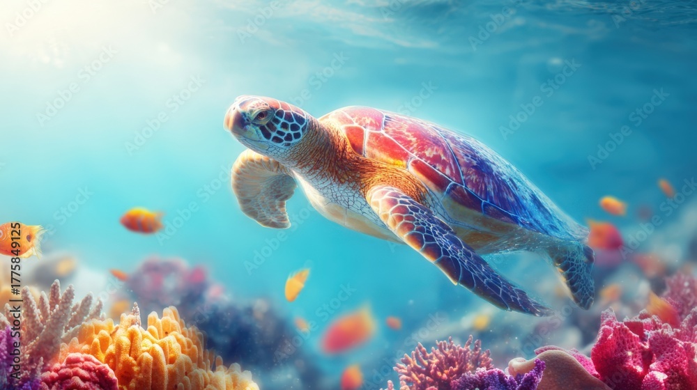Fototapeta premium Majestic Sea Turtle Gliding Gracefully Through Vibrant Coral Reef Ecosystem Underwater