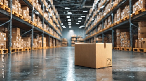 Warehouse Distribution Center with Cardboard Box: Inventory Management, Logistics, and Supply Chain Efficiency © Generative AI