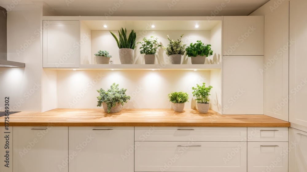 Fototapeta premium Bright Kitchen Decor Featuring Potted Plants on Wooden Countertop with White Cabinets and Soft Lighting