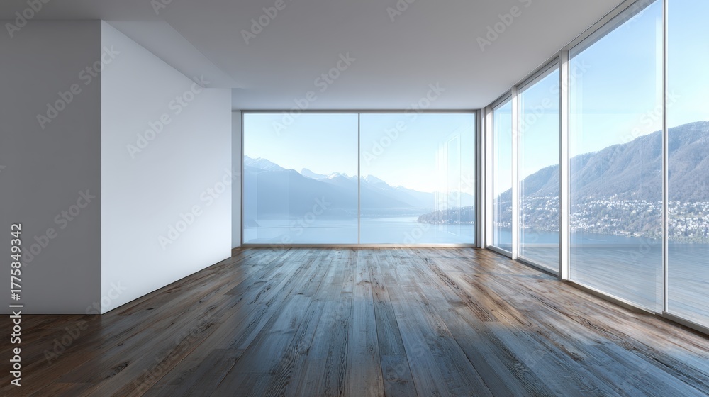 Fototapeta premium Bright Empty Room with Panoramic Lake View, Modern Interior Design, Real Estate Potential, and Unfurnished Space