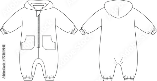 Baby romper flat sketch, toddler hooded jumpsuit technical drawing, fashion design template, vector outline, garment construction, apparel illustration, clothing pattern