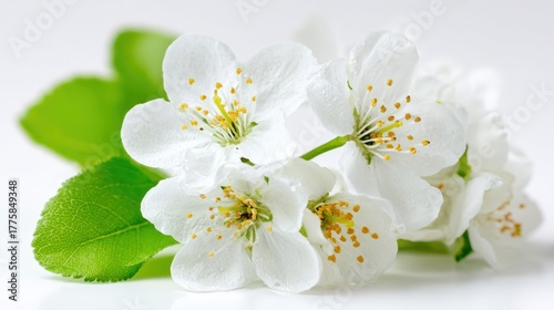 Delicate White Blossoms and Fresh Green Leaves Displayed on a White Surface, Creating an Elegant Floral Arrangement