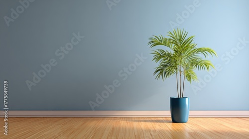 Minimalist Interior with Potted Palm Tree Against Blue Wall, Illustrating Home Decor and Tranquil Ambiance
