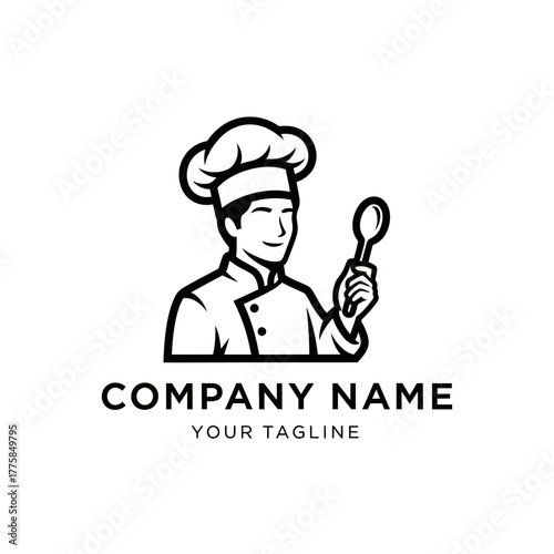 A black and white logo of a smiling male chef in a uniform and hat, holding a spoon for a company.