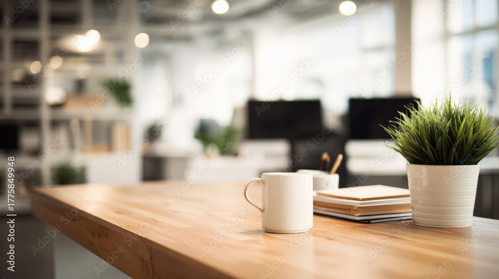 Fototapeta premium Modern Workspace with Minimalist Desk Setup Featuring Coffee Cup, Plant, and Book, Creating a Productive Atmosphere