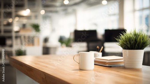 Wallpaper Mural Modern Workspace with Minimalist Desk Setup Featuring Coffee Cup, Plant, and Book, Creating a Productive Atmosphere Torontodigital.ca