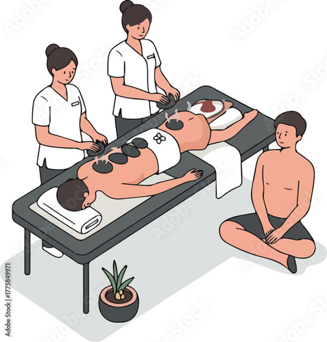 Hot Stone Massage Therapy Two Therapists Pamper Client Flat Design