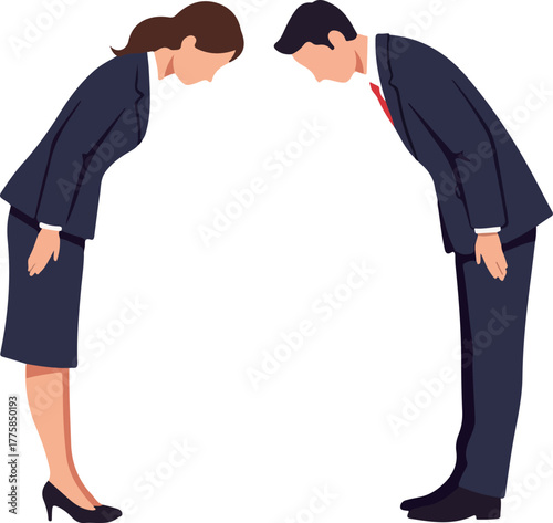 Japanese Business People Bowing Respectfully In Formal Business Suits