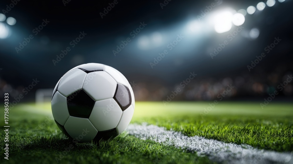 Fototapeta premium Soccer ball close up on illuminated stadium field ready for kickoff, sports concept image