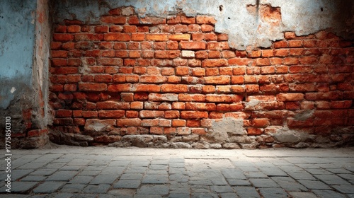 Distressed Brick Wall Texture Background with Weathered Plaster and Stone Floor, Ideal for Interior Design