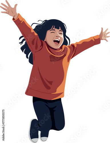 Joyful Girl Jumps With Arms Raised Outdoors White Background