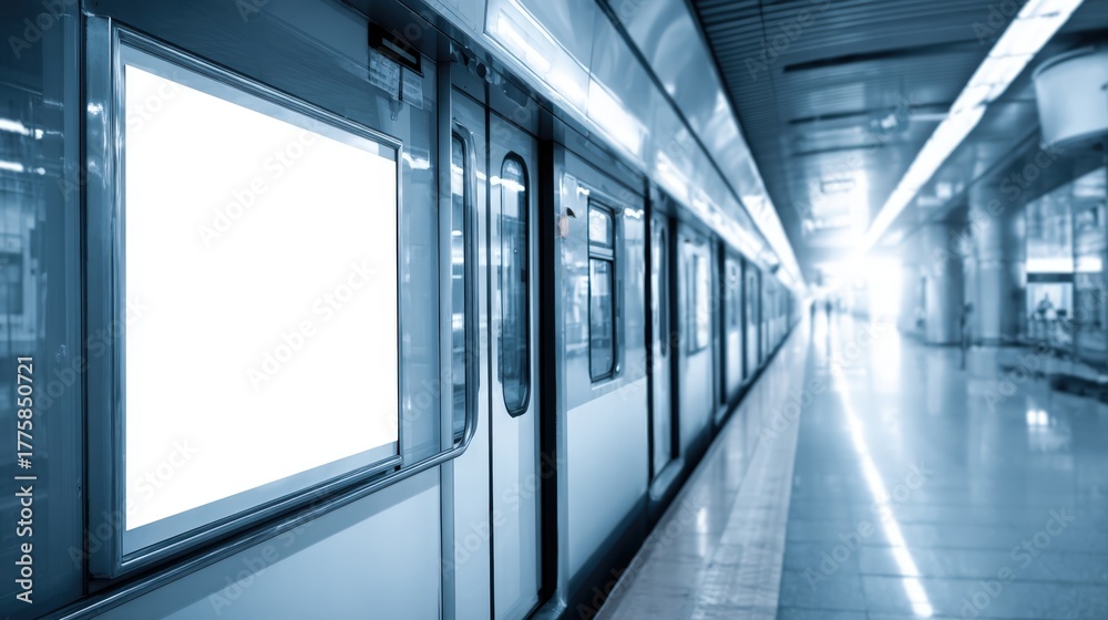 Fototapeta premium Subway Train with Blank Billboard Mockup at Station Platform in Urban Setting