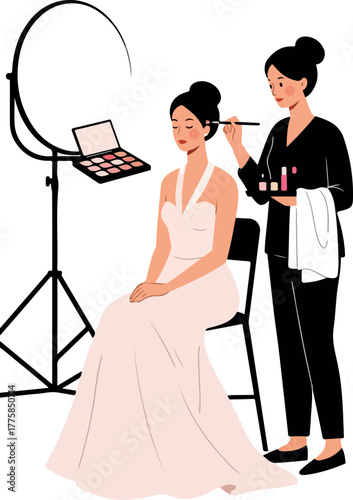 Makeup Artist Applying Makeup On Bride In Light Pink Dress Studio