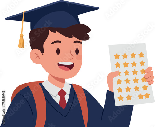 Male Graduate Student With Stars Report Card Flat Design