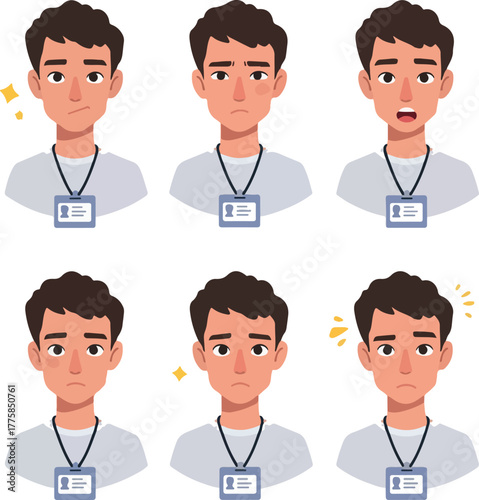 Man Avatar Expressions Set Flat Design With ID Card