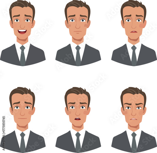 Man Business Suit Emotions Flat Icons Set White Background Isolated