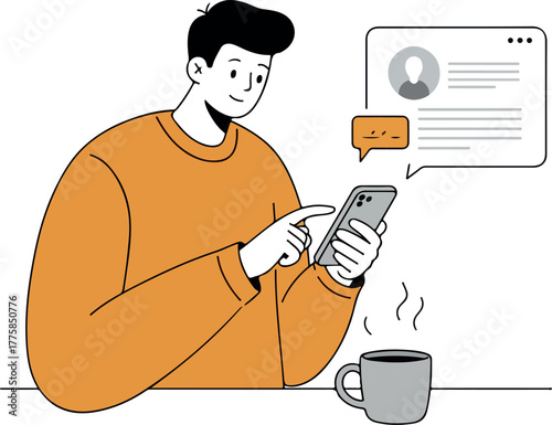 Man Browsing Phone with Coffee Flat Design Minimalist Orange Sweater