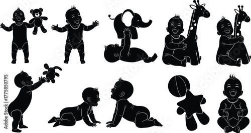 Baby silhouettes, playful infants, crawling baby, sitting baby, baby toys, toddler poses, infant development, cute children, black vector, childcare design