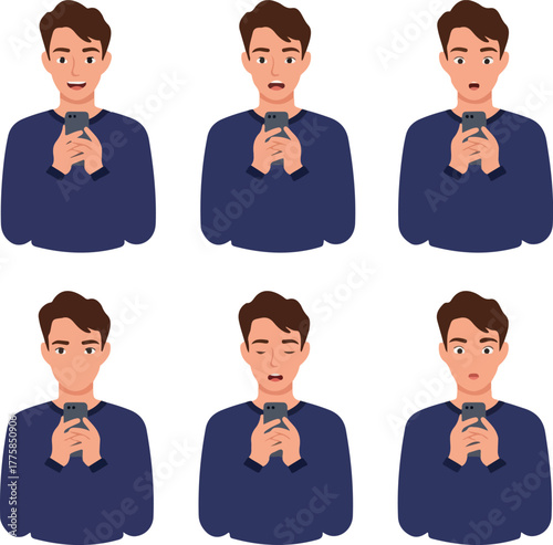 Man Faces Expressions Holding Smartphone Flat Design Icons Set Isolated