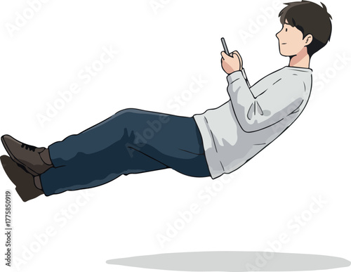 Man Floating With Phone Pixel Art Style Gray Sweater Blue Jeans