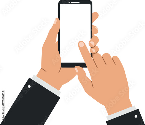Man Holding Black Smartphone Touching Screen With Finger Flat Design