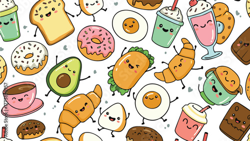 Adorable cartoon breakfast food seamless pattern featuring happy toast, eggs, croissants, and drinks on a white background, perfect for menu design, kids' products, and food-related graphics