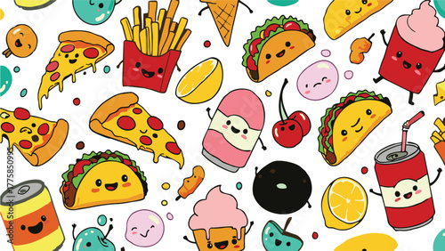 Cheerful kawaii food pattern with smiling tacos, pizzas, fries, and donuts on a white background. This whimsical illustration is perfect for food-related designs, kids' products, or restaurant