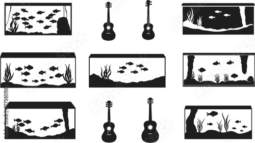 Fish aquarium and guitar vector set, black and white illustration, musical instrument and aquatic tank design for creative art projects