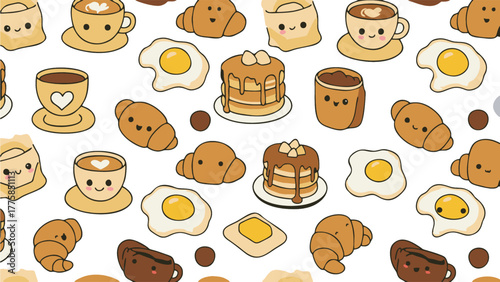 Charming breakfast pattern features kawaii-style coffee cups, croissants, pancakes, and fried eggs on a clean white background. The delightful design evokes warmth and is perfect for wallpapers
