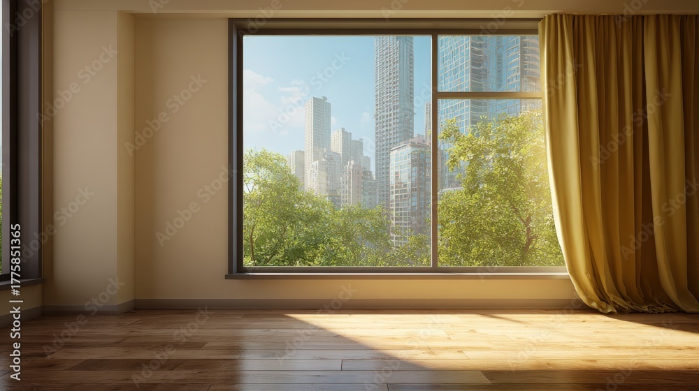 Fototapeta premium Sunlit Empty Room Interior with Cityscape View, Hardwood Floors and Minimalist Design, Ideal for Real Estate or Design Mockups