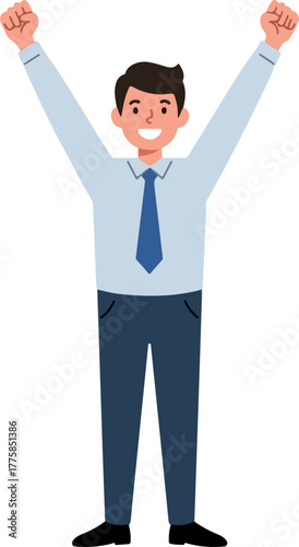 Man In Light Blue Shirt And Dark Blue Pants Celebrates With Arms Raised