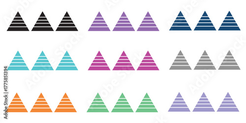 Pyramid infographic set. Colorful vector triangle diagram, triangular pyramid infographics, designed for business presentations, charts, educational materials. pyramid diagrams with ascending levels